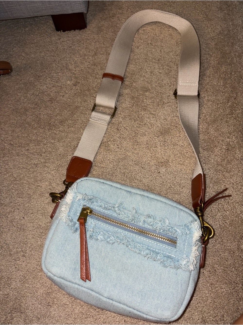 Universal Thread Light Blue Denim Crossbody Bag with Tan Accents
